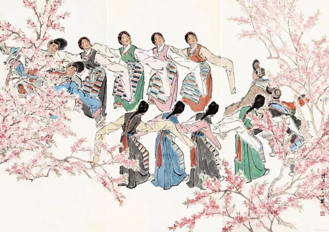 葉淺予高原之春紙本設(shè)色211cm×98cm、211cm×105cm、211cm×98cm1964年